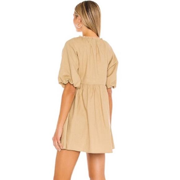 House of Harlow Ajay Mini Dress Linen Cotton Tan Puff Sleeves Babydoll Sz M - Picture 3 of 11
